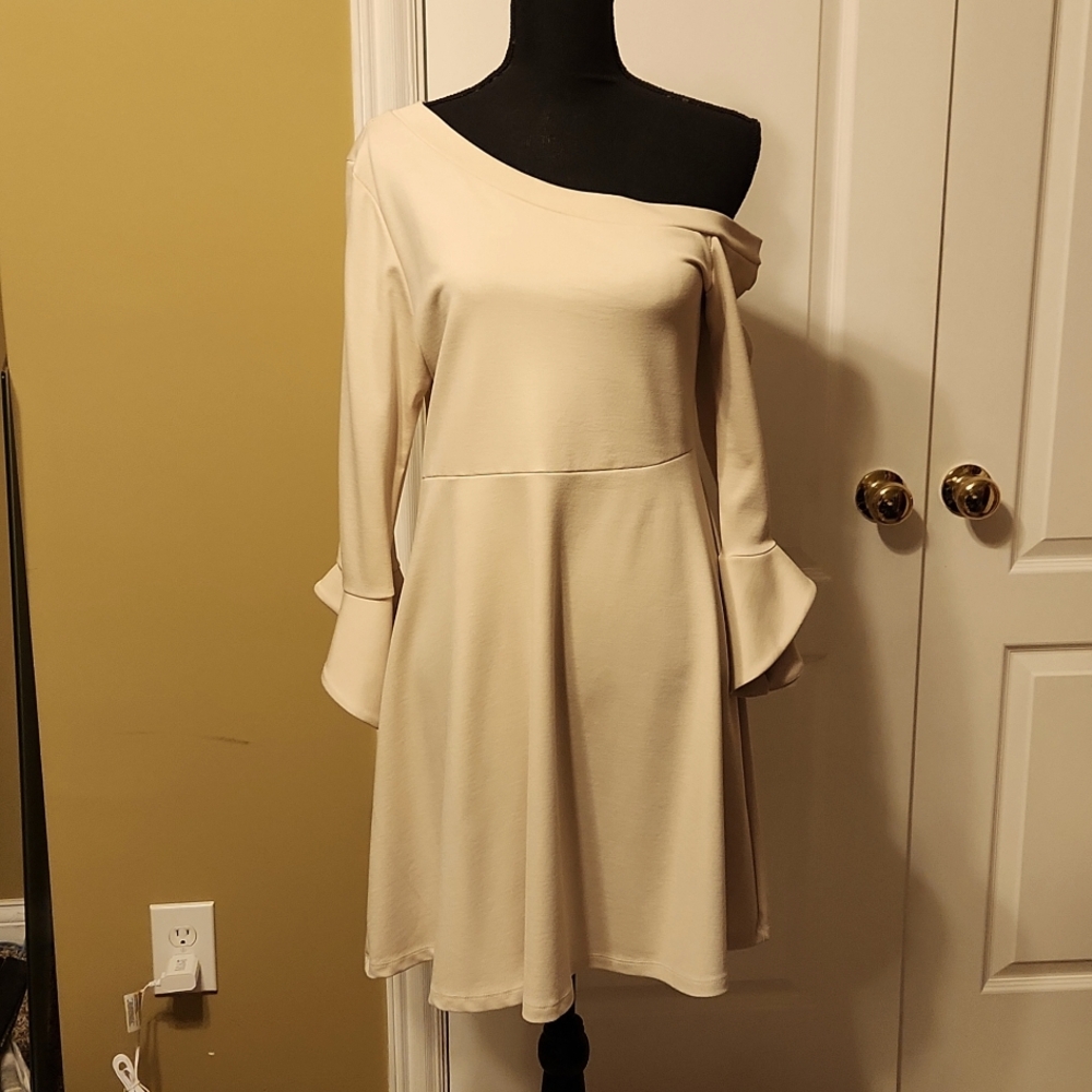 One shoulder, Mini dress w/ bell sleeves by the Vanity Room.  Bone. Large. NWT.